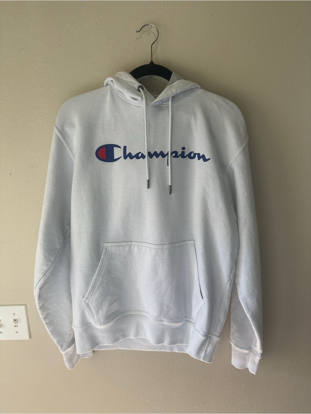 Champion White Pullover Crewneck Hoodie with Blue Logo